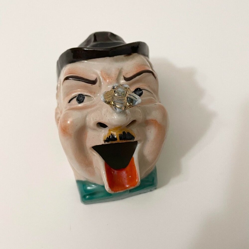 Vintage Man with Open Mouth Fly on Nose Ceramic Ashtray Flaws